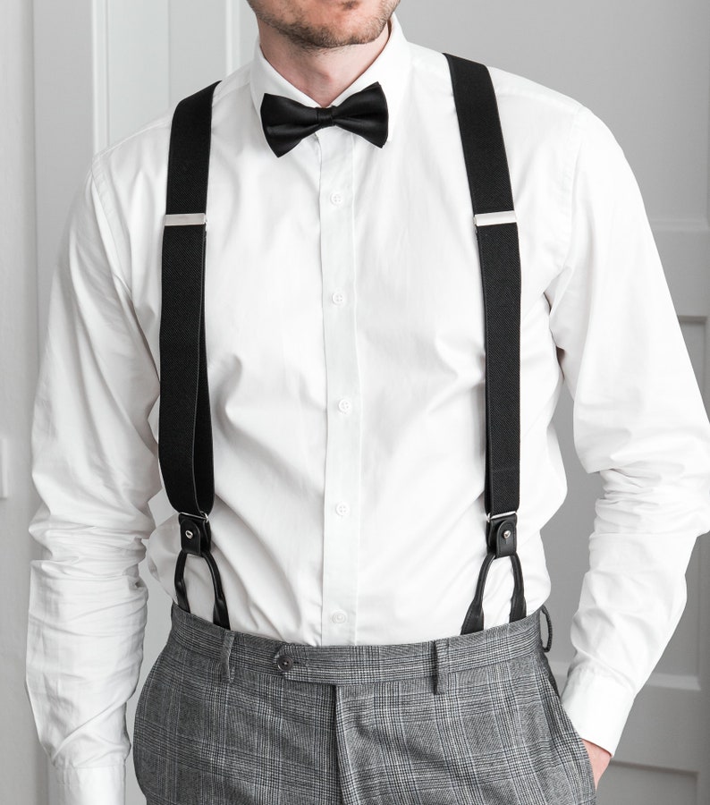 Schwarze Hosenträger für Männer, schwarze Lederknopfleiste und Clip-Hosenträger, formelle Hochzeit Groomsmen Hosenträger, elastische Knopfenden Hosenträger Bild 9