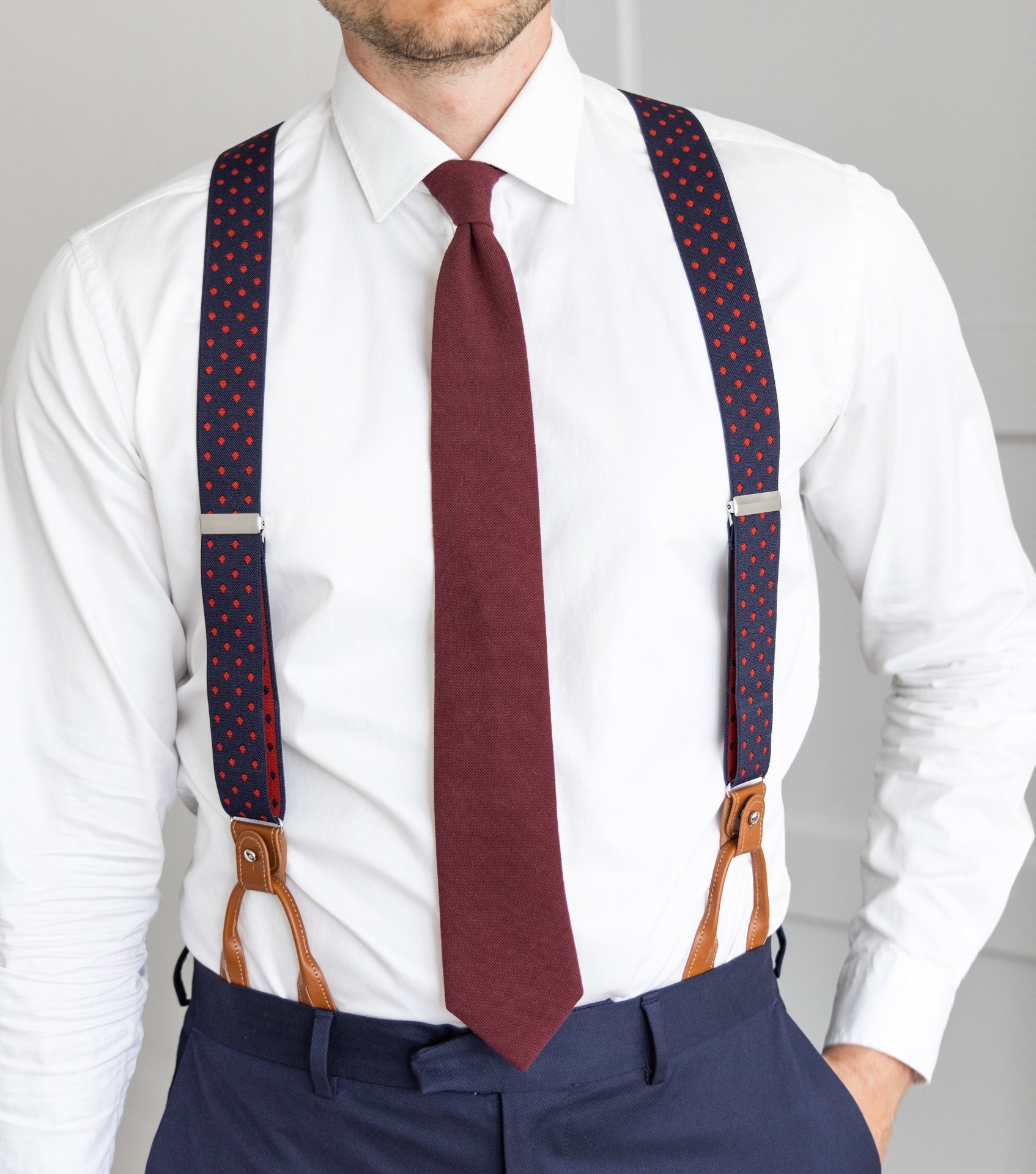 Tirantes azul marino con puntos rojos tirantes de boton marron tirantes de boda para padrinos de boda tirantes de bucle tirantes de clip