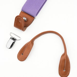 Purple suspenders for men, Brown leather button tab and clip braces, Lavender multifit wedding suspenders for groom groomsmen image 4