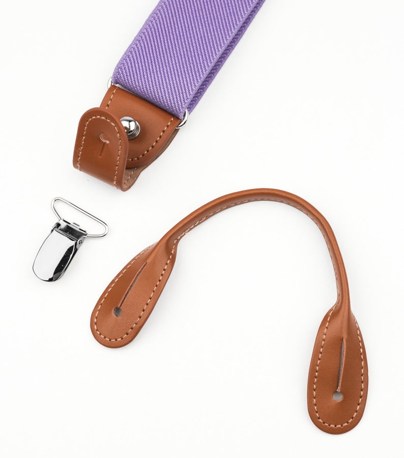 Purple suspenders for men, Brown leather button tab and clip braces, Lavender multifit wedding suspenders for groom groomsmen image 4
