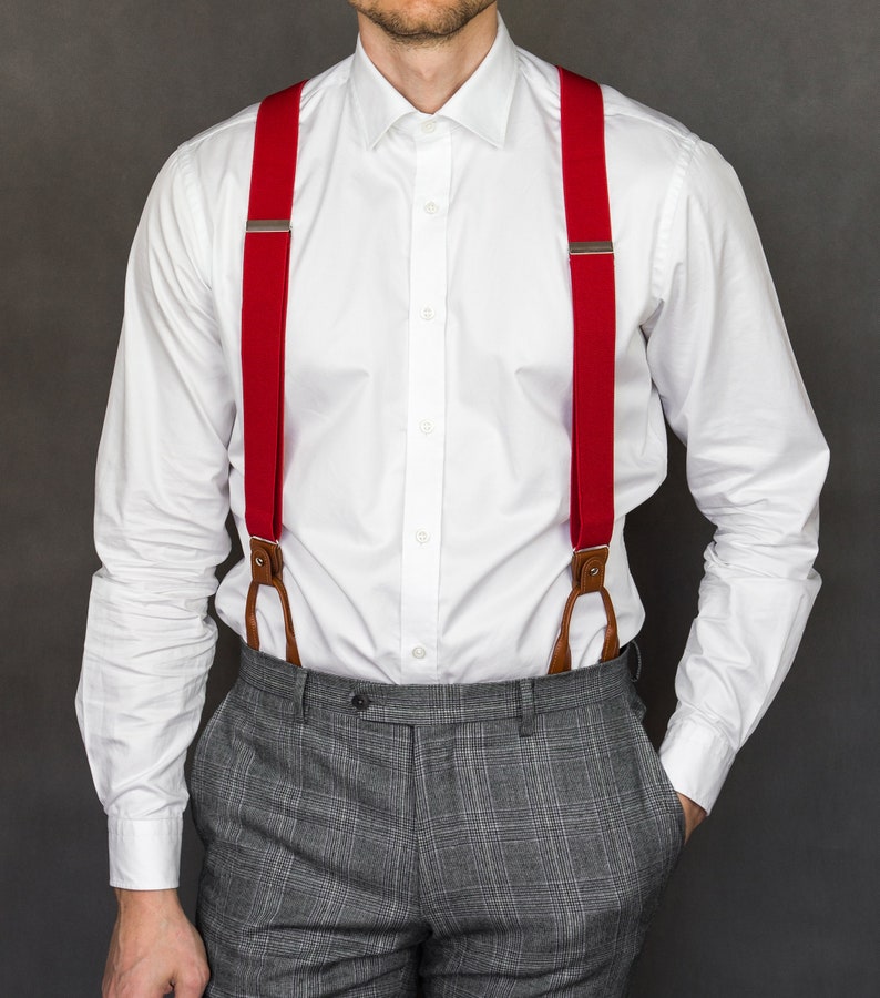 Red Suspenders for Men Brown Leather Button Tab and Clip Etsy
