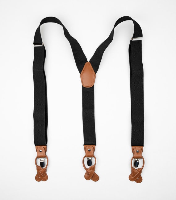 TuxedosOnline Men's Suspenders with Leather Ends for Pants That Have Buttons Black Mens