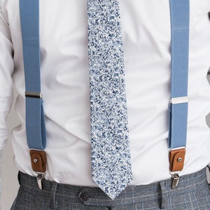 Light blue suspenders for men, Brown leather button tab suspenders, Wedding suspenders for groom groomsmen, clip on braces image 6