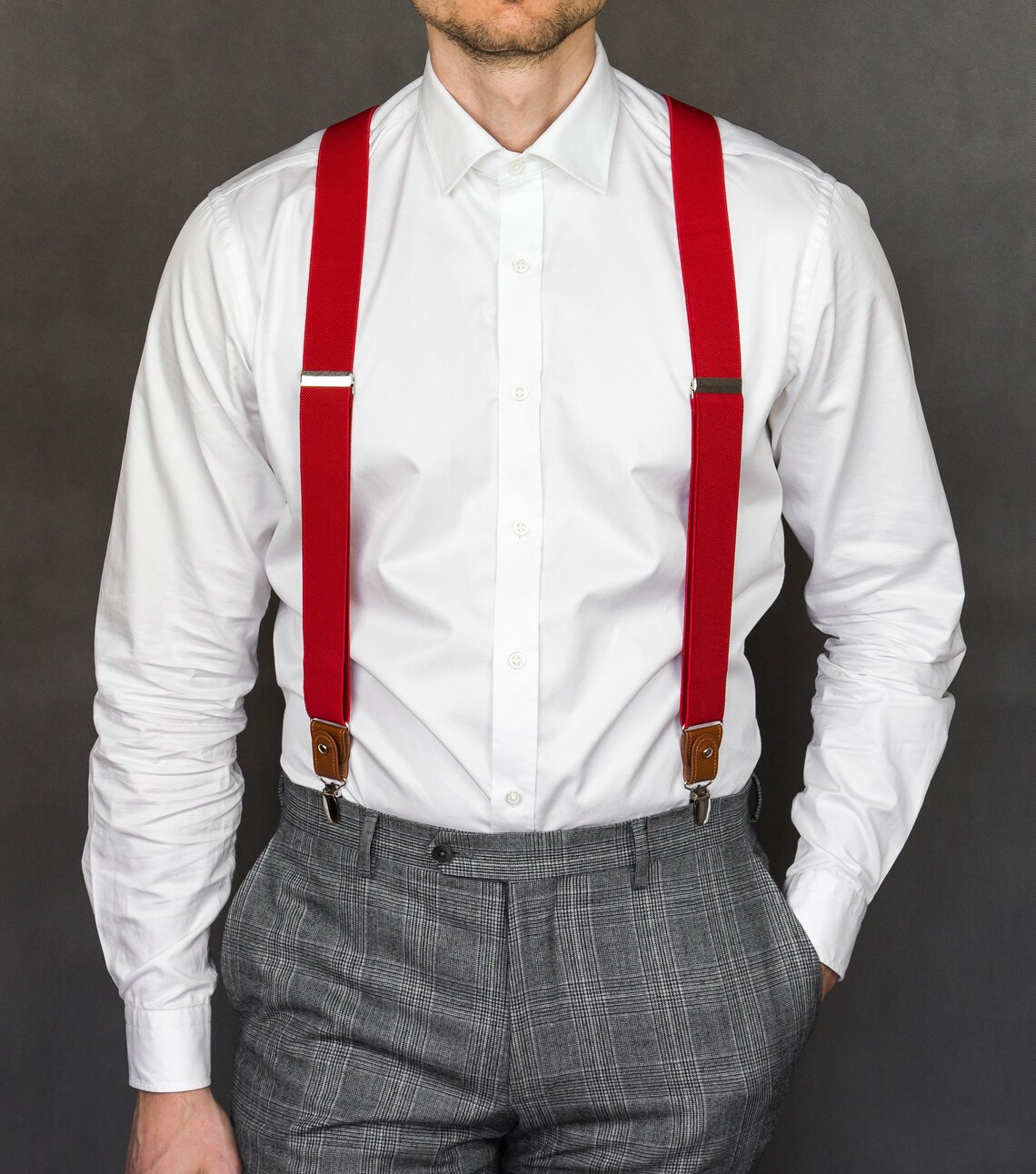 Red Suspenders for Men Brown Leather Button Tab and Clip Etsy