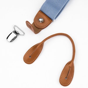 Light blue suspenders for men, Brown leather button tab suspenders, Wedding suspenders for groom groomsmen, clip on braces image 5