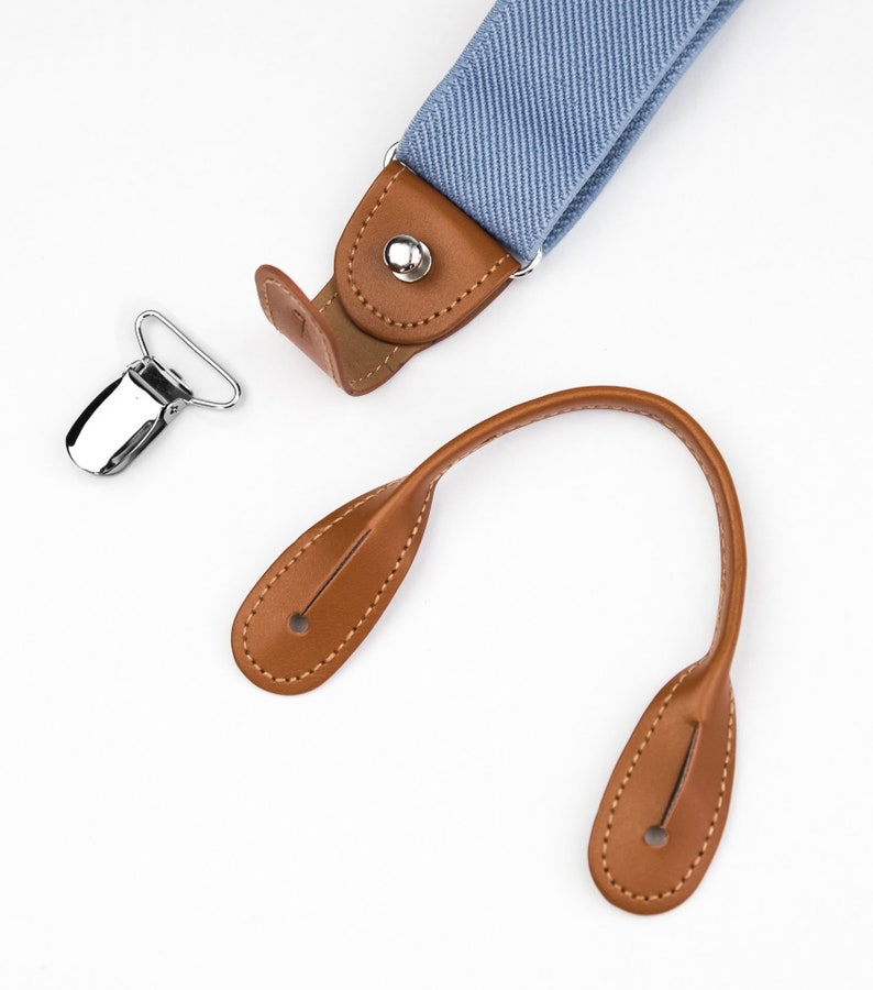 Light blue suspenders for men, Brown leather button tab suspenders, Wedding suspenders for groom groomsmen, clip on braces image 5
