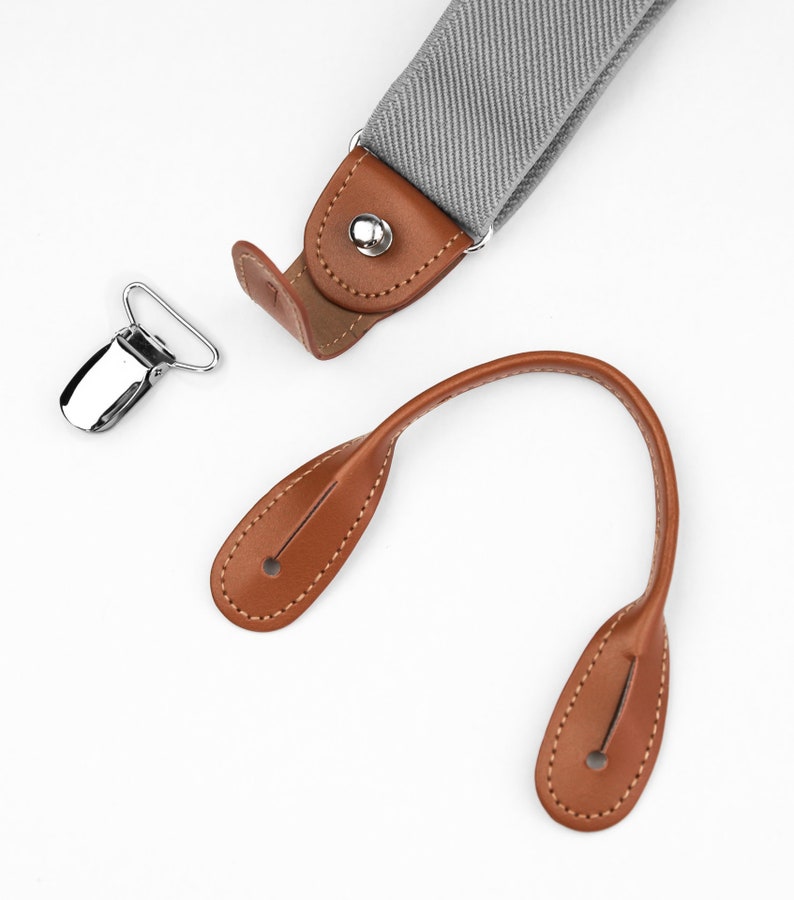 Light gray suspenders for men, button and clip suspenders, adjustable elastic leather loop wedding suspenders for groom groomsmen image 5