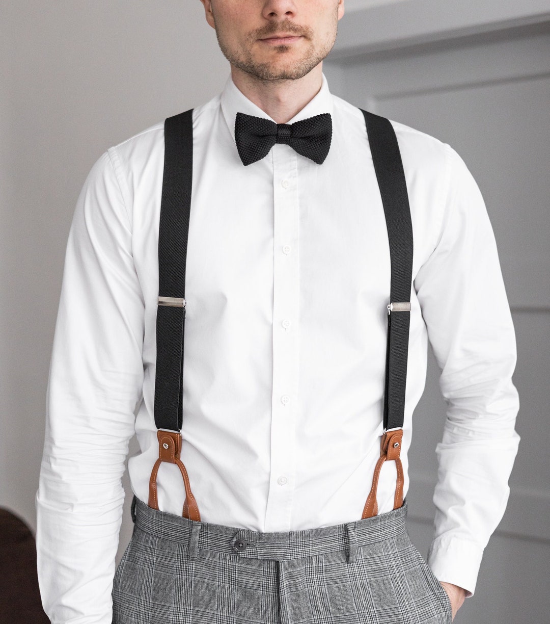 Black Suspenders for Men, Brown Leather Button Tab and Clip Braces ...