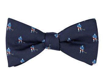 Navy blue hockey self-tie bow tie, ice hockey player untied bow ties, sports fan gift, embroidered bow tie for men