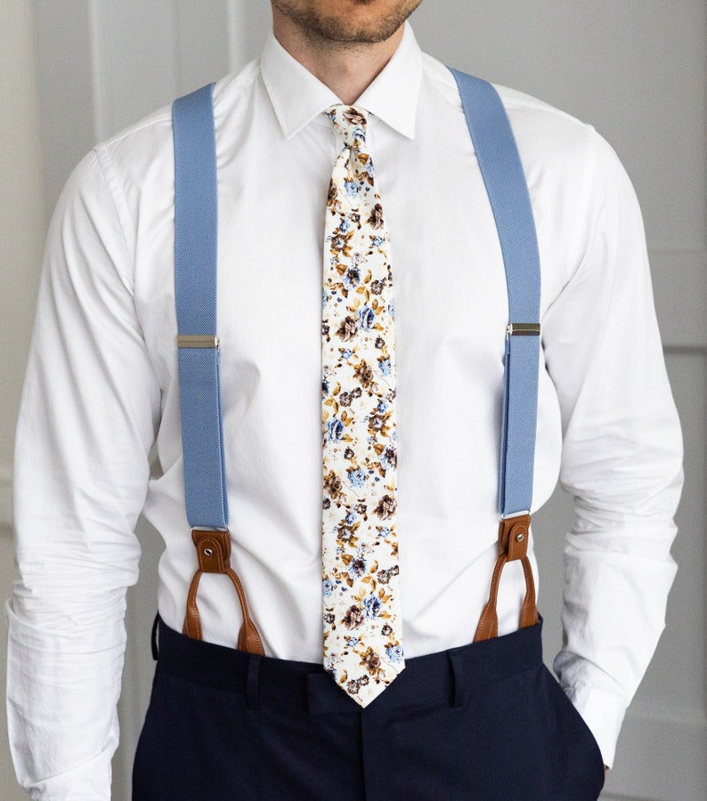 Light blue suspenders for men, Brown leather button tab suspenders, Wedding suspenders for groom groomsmen, clip on braces image 4