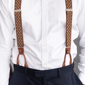 Brown suspenders with white dots for men, Tan brown button suspenders, Wedding suspenders for groom groomsmen, loop clip suspenders image 2