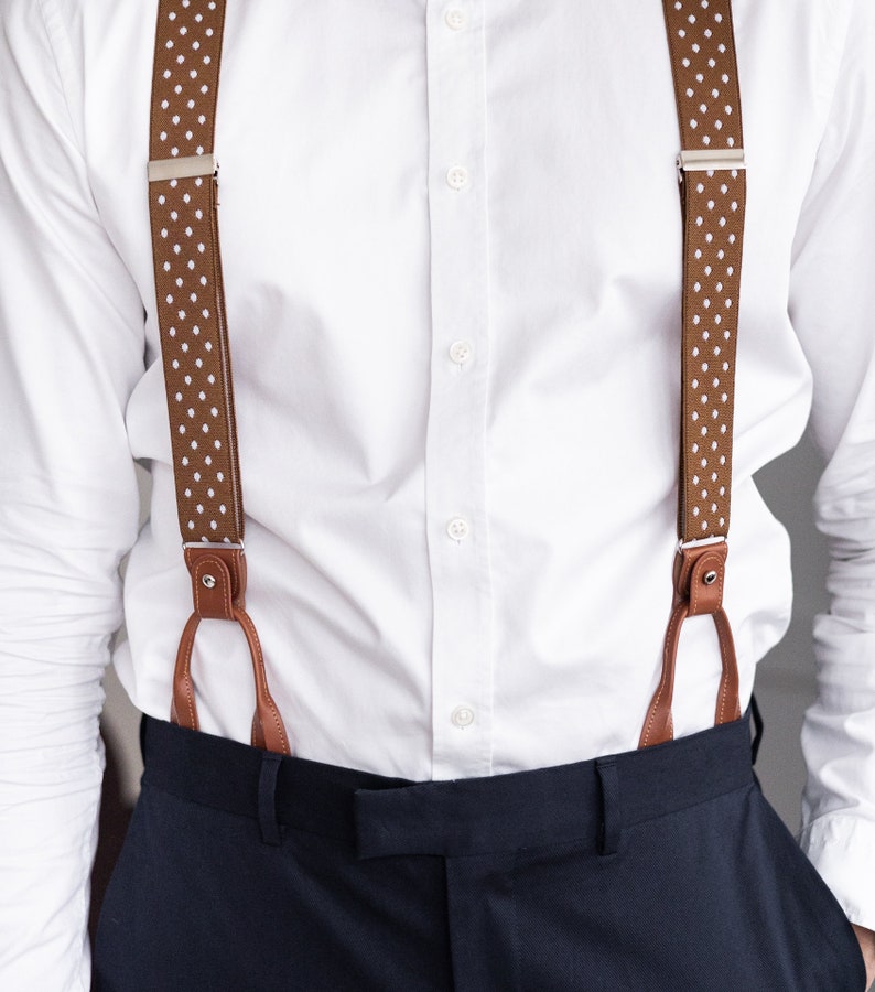 Brown suspenders with white dots for men, Tan brown button suspenders, Wedding suspenders for groom groomsmen, loop clip suspenders image 2