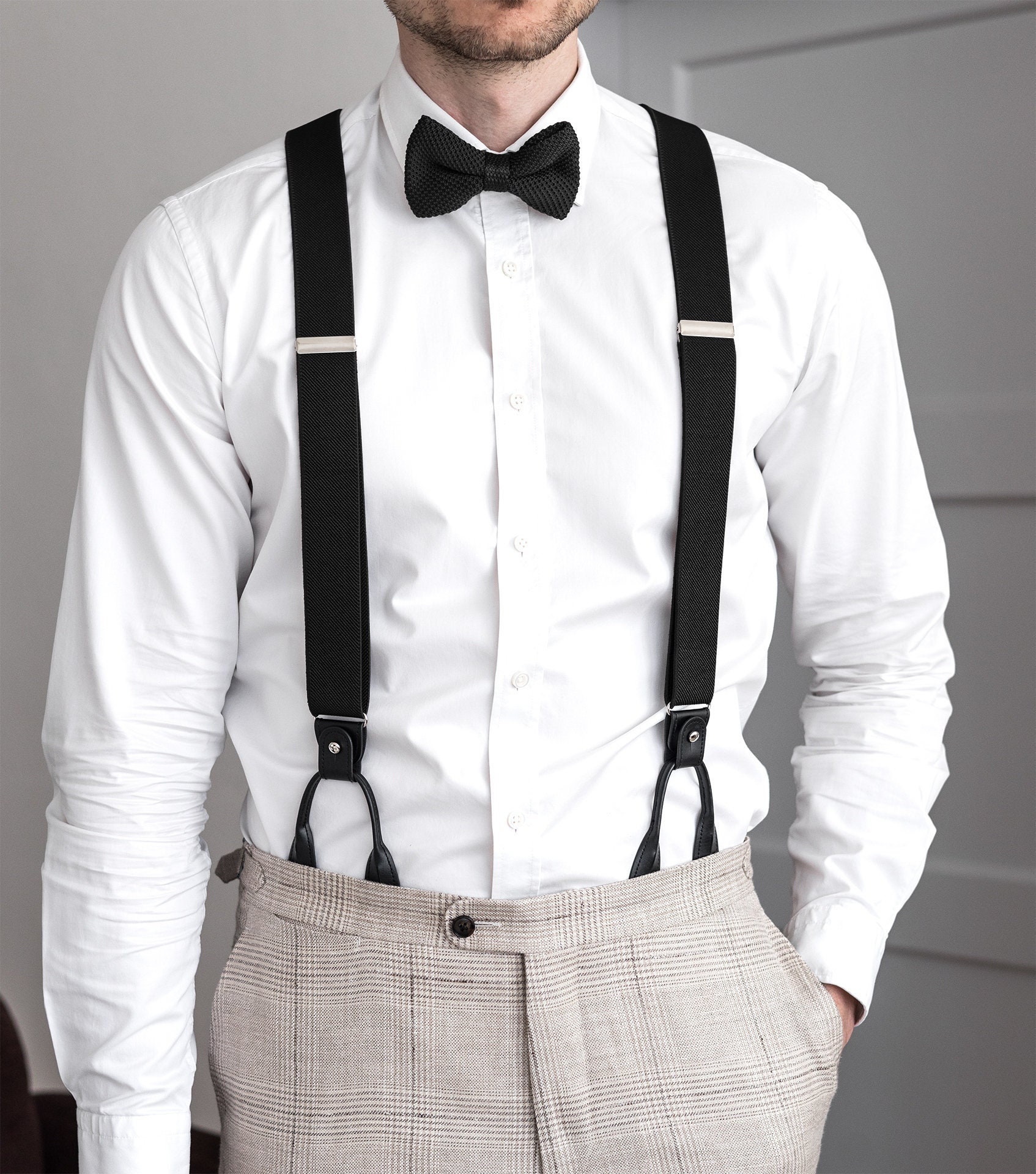 Black Suspenders for Men, Black Leather Button Tab and Clip Braces