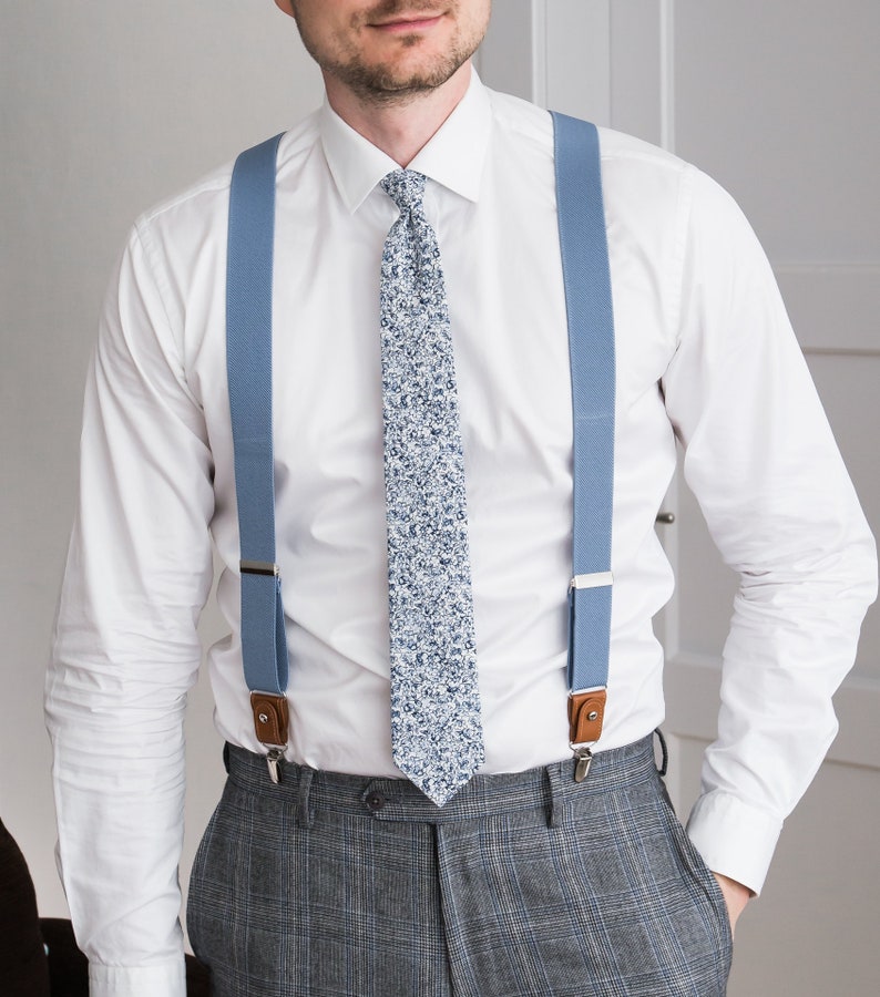 Light blue suspenders for men, Brown leather button tab suspenders, Wedding suspenders for groom groomsmen, clip on braces image 7