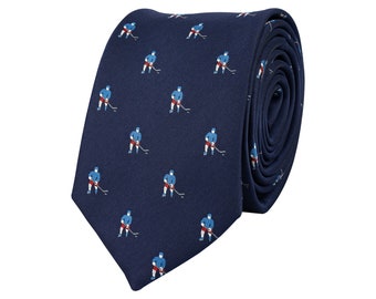 Navy blue hockey tie, hockey player necktie, sports fan gift, embroidered neckties for men