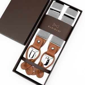 Light gray suspenders for men, button and clip suspenders, adjustable elastic leather loop wedding suspenders for groom groomsmen image 7