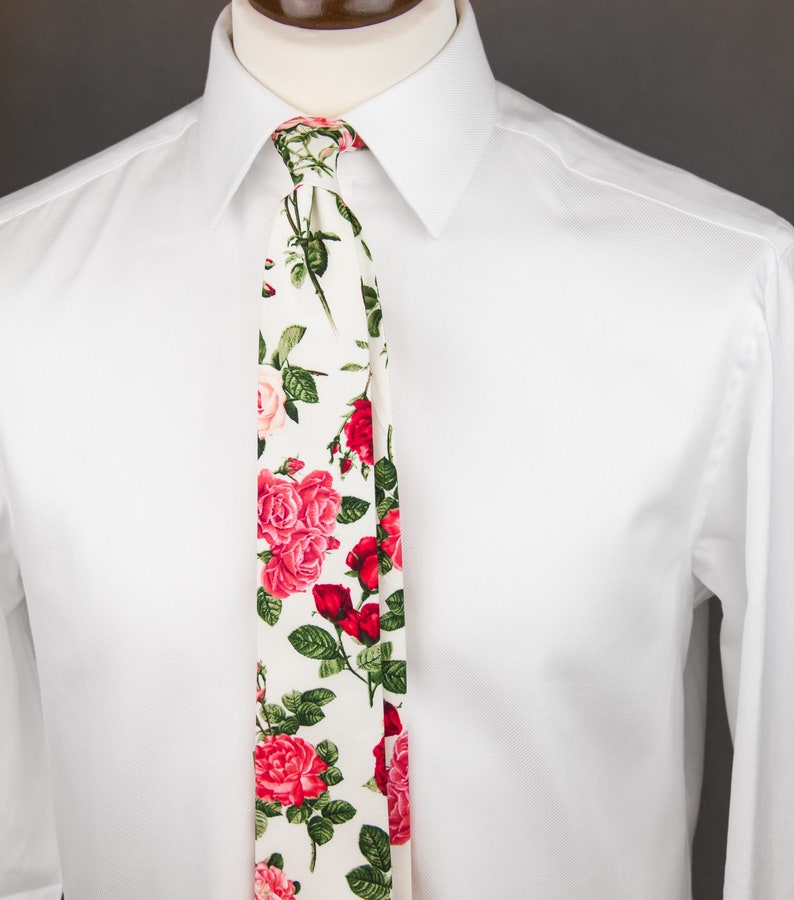 White floral tie for men pink roses wedding necktie skinny | Etsy
