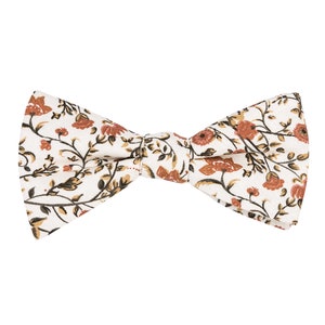 Ivory floral pre-tied bow tie for men, orange flower tied cotton bow tie, off white wedding bow ties for groom groomsmen, Everly collection