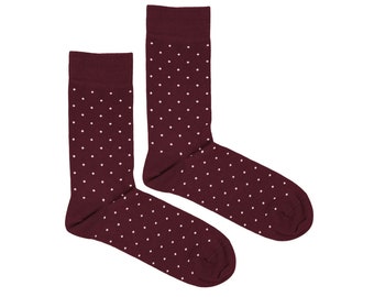 Calcetines de vestir para hombre de color burdeos con puntos / Calcetines de lunares de algodón casual rojo vino, calcetines formales sólidos para adultos, regalo de padrinos de boda