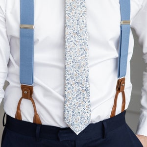 Light blue suspenders for men, Brown leather button tab suspenders, Wedding suspenders for groom groomsmen, clip on braces image 2