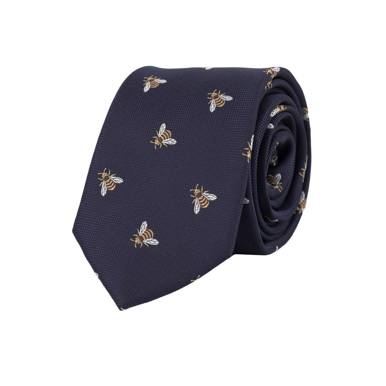 Navy blue bee tie, bees necktie, honeybee ties, bumble bee animal insect embroidered neckties, gift for men image 1