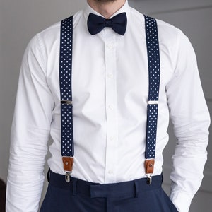 Navy Blue With White Dots Suspenders for Men, Brown Button Suspenders ...