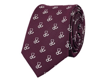 Burgundy stethoscope tie, doctor necktie, medical student graduate gift, embroidered neckties for men, wedding ties