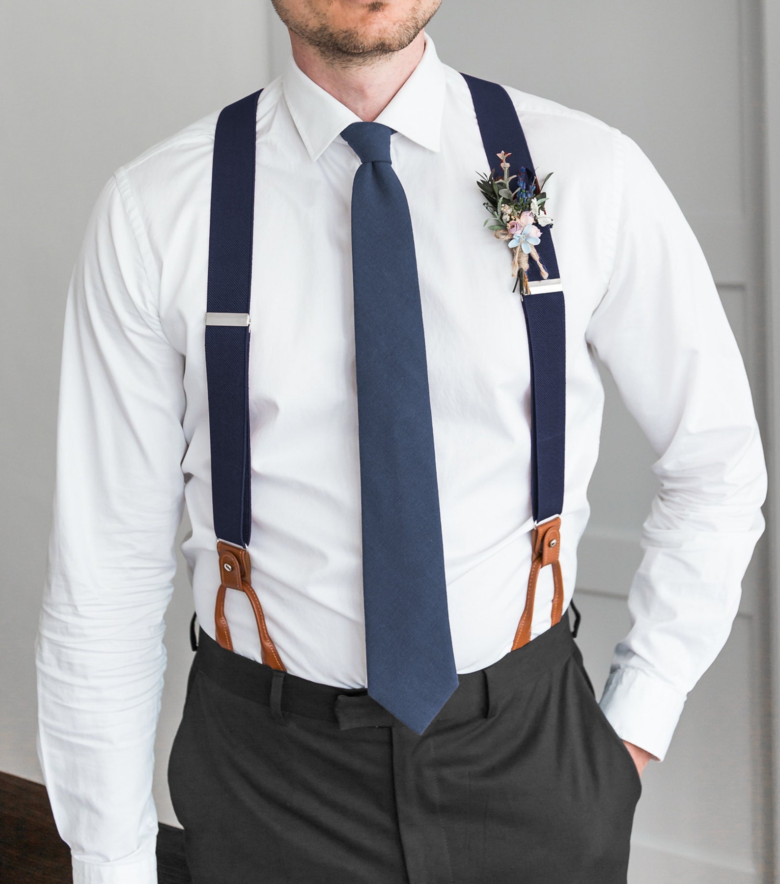 Navy Blue Suspenders for Men Brown Button Suspenders Wedding - Etsy