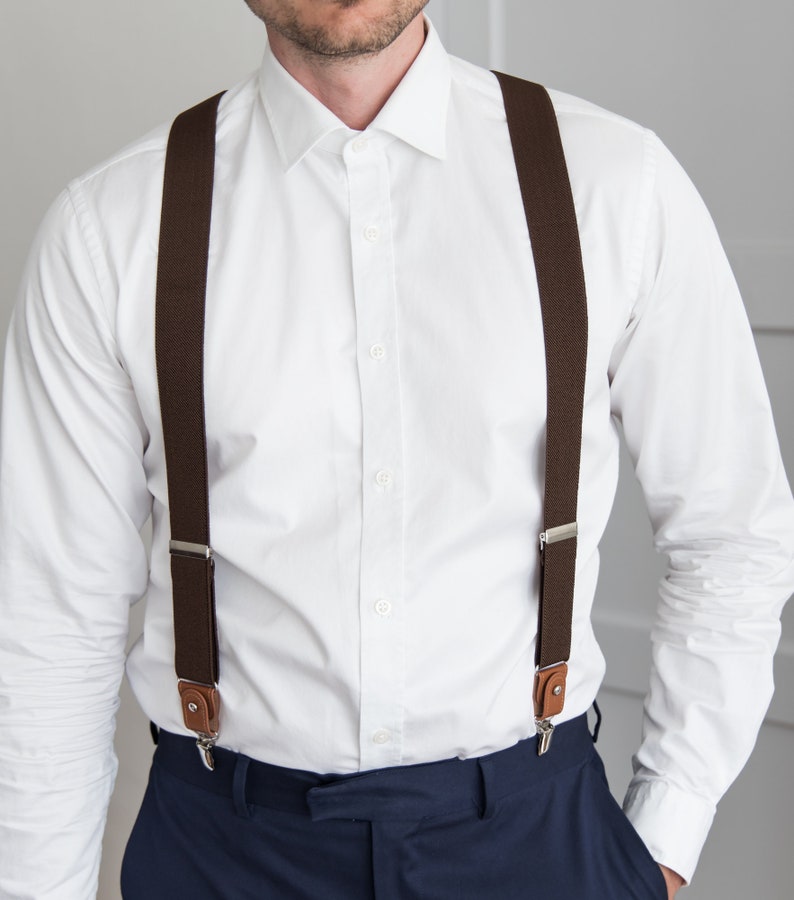 Dark brown suspenders for men, button suspenders, wedding suspenders for groom groomsmen, elastic suspenders, clip suspenders image 7