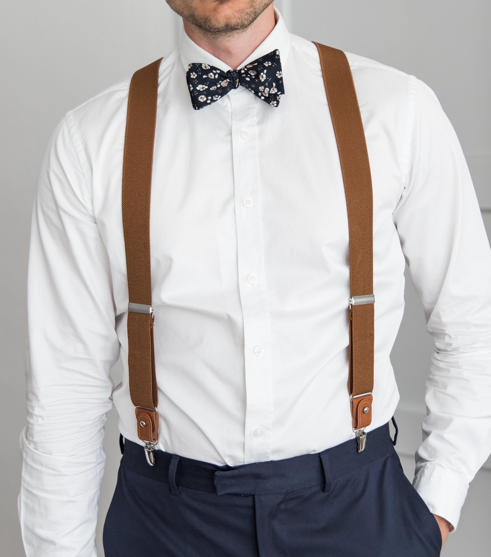 YCKYIGO Mens Suspenders,Brown Leather Button Tab and Clip Braces Heavy Duty Suspender Wedding Suspenders for Groom Groomsmen