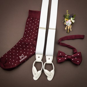 White suspenders for men, button and clip suspenders for groom groomsmen, tuxedo wedding suspenders image 9