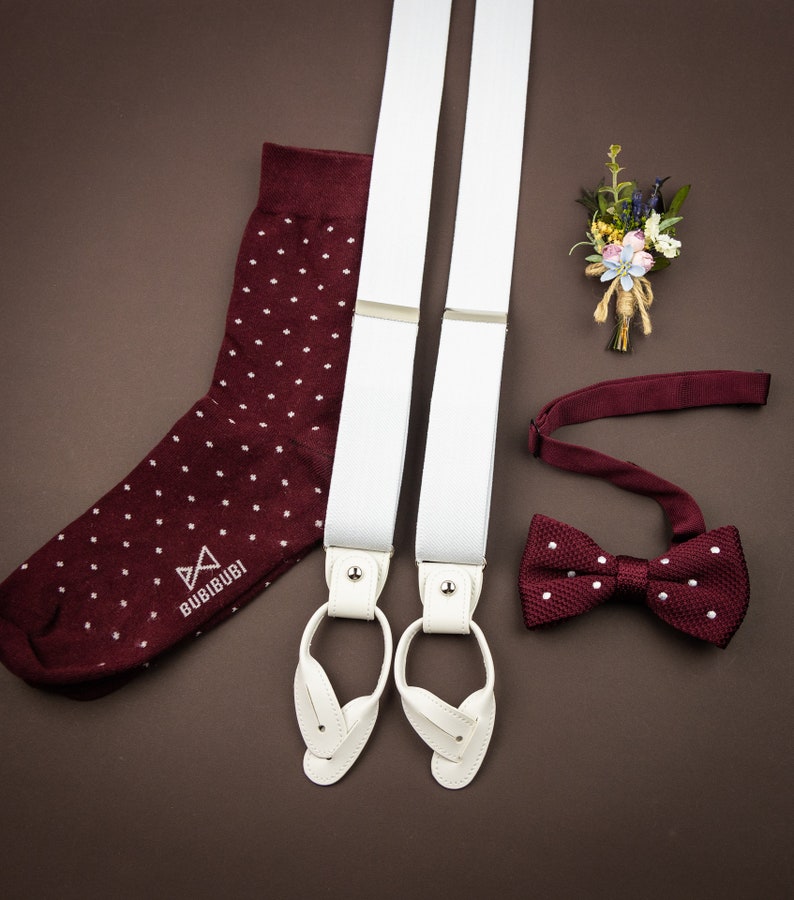 White suspenders for men, button and clip suspenders for groom groomsmen, tuxedo wedding suspenders image 9