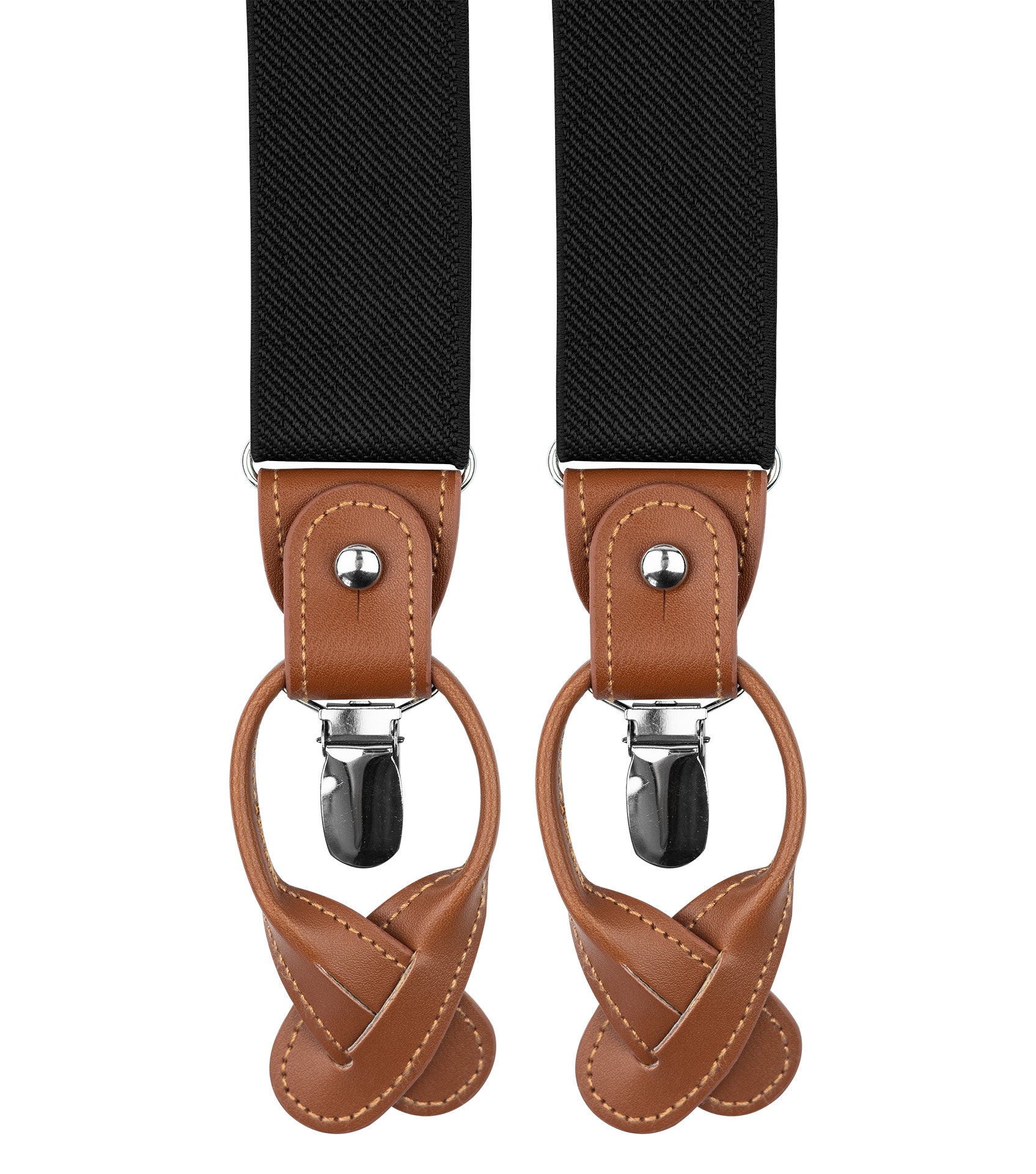 Black Suspenders for Men, Brown Leather Button Tab and Clip Braces, Formal  Wedding Groomsmen Suspenders, Elastic Button Suspender 