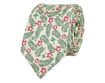 Ivory hibiscus and palm leaves necktie for men, tropical theme wedding ties for groom and groomsmen, Altea collection