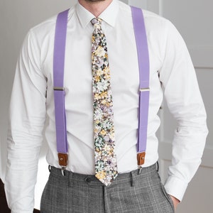 Purple suspenders for men, Brown leather button tab and clip braces, Lavender multifit wedding suspenders for groom groomsmen image 1