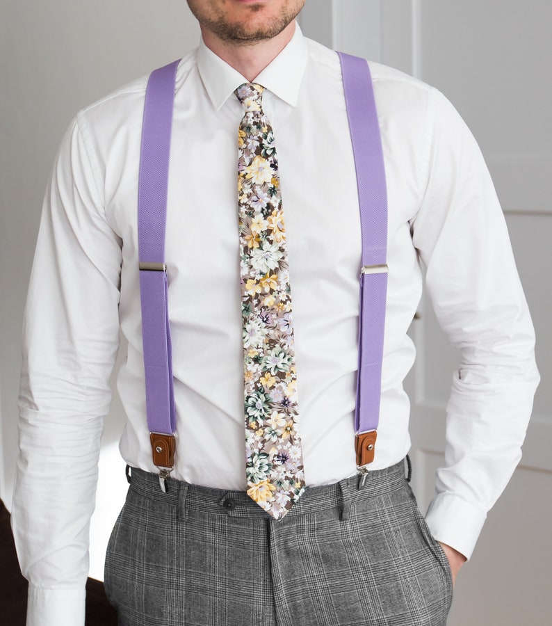 Purple suspenders for men, Brown leather button tab and clip braces, Lavender multifit wedding suspenders for groom groomsmen image 1