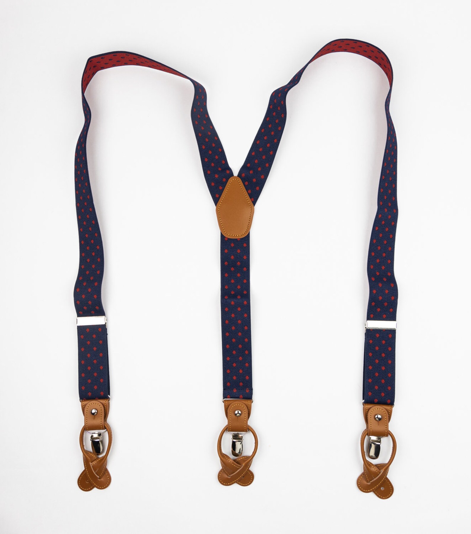 Navy Blue Suspenders With Red Dots Brown Button Suspenders Etsy