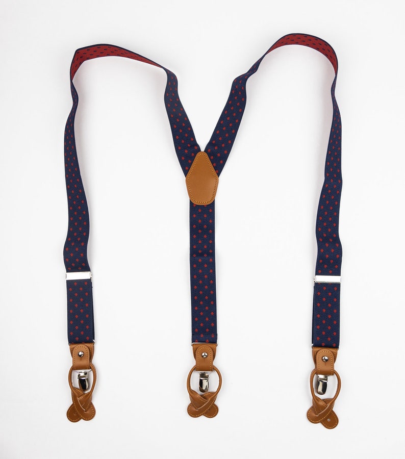 Navy Blue Suspenders With Red Dots Brown Button Suspenders Etsy