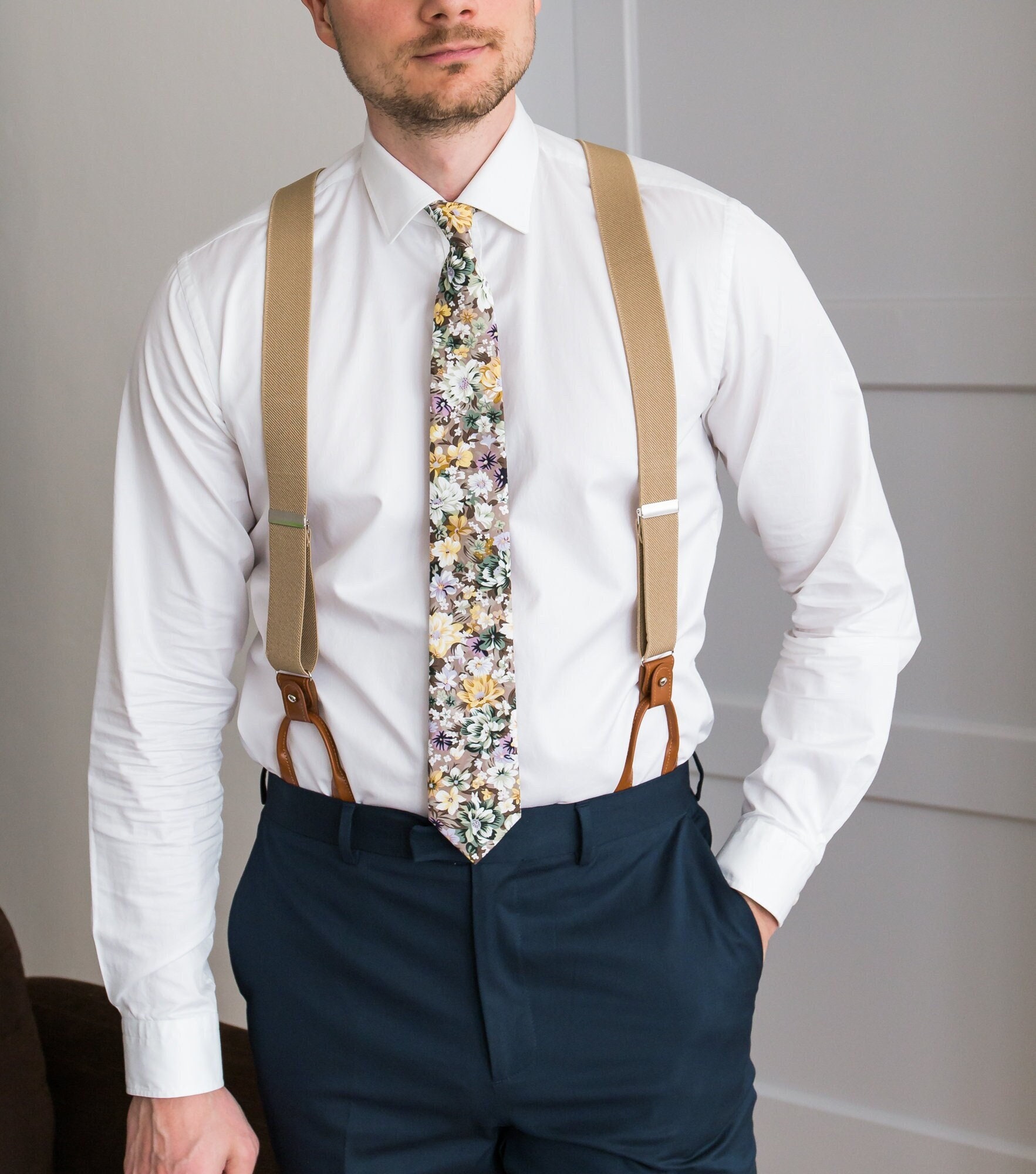 Gentleman's Guru Classic Beige Button Suspenders