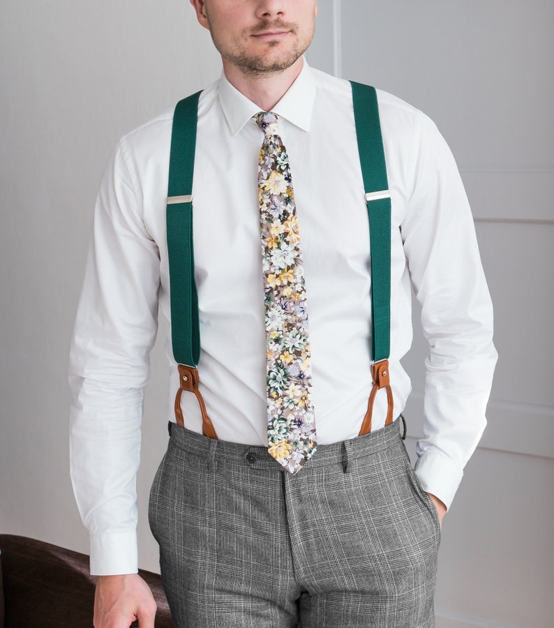 Green suspenders, men's button loop suspenders, clip braces, Wedding suspenders for groom and groomsmen, Hawaii wedding image 1