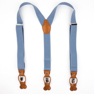 Light blue suspenders for men, Brown leather button tab suspenders, Wedding suspenders for groom groomsmen, clip on braces image 3