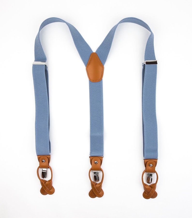 Light blue suspenders for men, Brown leather button tab suspenders, Wedding suspenders for groom groomsmen, clip on braces image 3