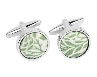 Green leaves print cufflinks for groom and groomsmen, gift idea for men, rustic boho wedding cufflinks, Velita collection