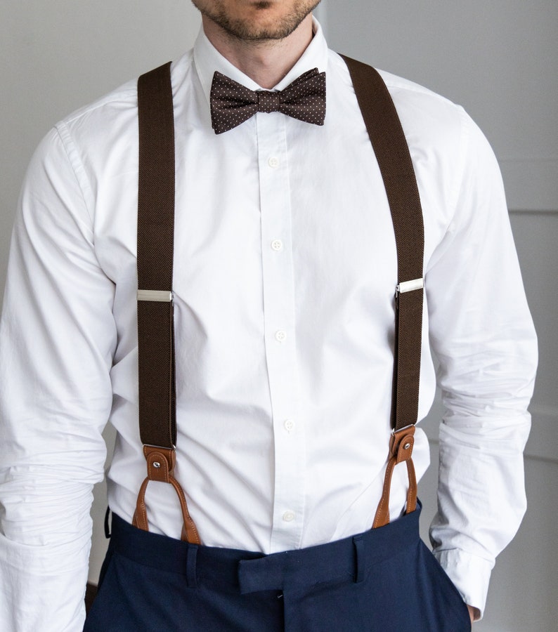 Dark brown suspenders for men, button suspenders, wedding suspenders for groom groomsmen, elastic suspenders, clip suspenders image 2