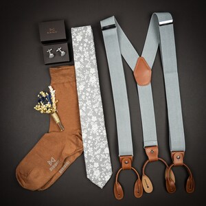 Light gray suspenders for men, button and clip suspenders, adjustable elastic leather loop wedding suspenders for groom groomsmen image 8