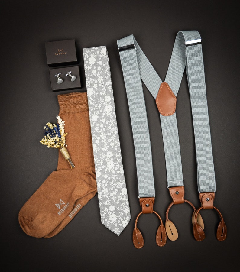 Light gray suspenders for men, button and clip suspenders, adjustable elastic leather loop wedding suspenders for groom groomsmen image 8
