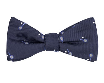 Navy blue tennis self-tie bow tie, racket ball untied bow ties, tennis player bow tie, sports fan gift, embroidered bow ties for men