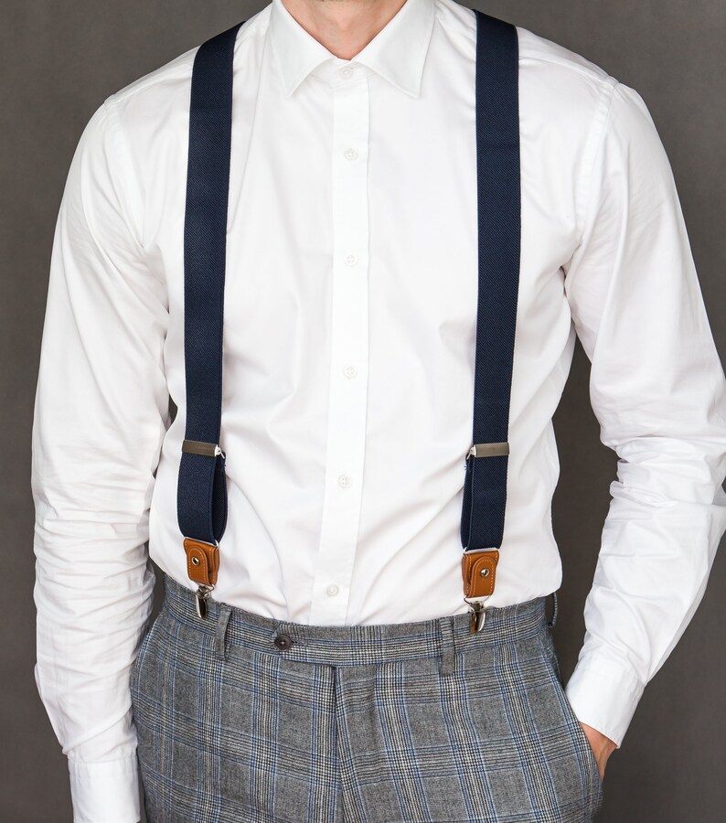 Navy blue suspenders for men Brown button suspenders