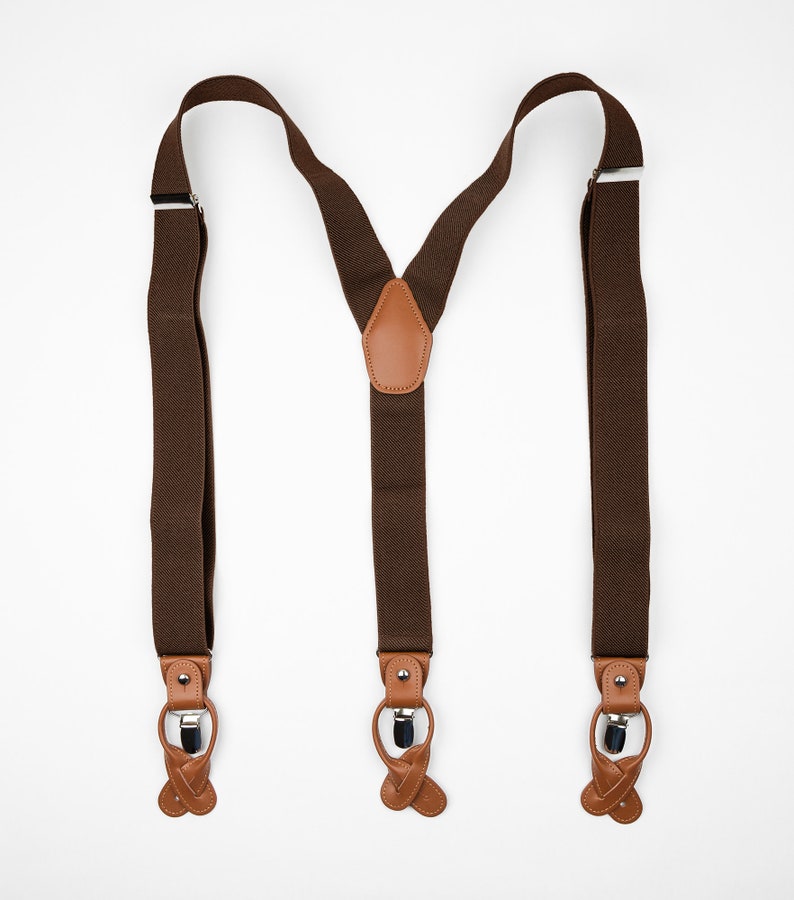 Dark brown suspenders for men, button suspenders, wedding suspenders for groom groomsmen, elastic suspenders, clip suspenders image 3