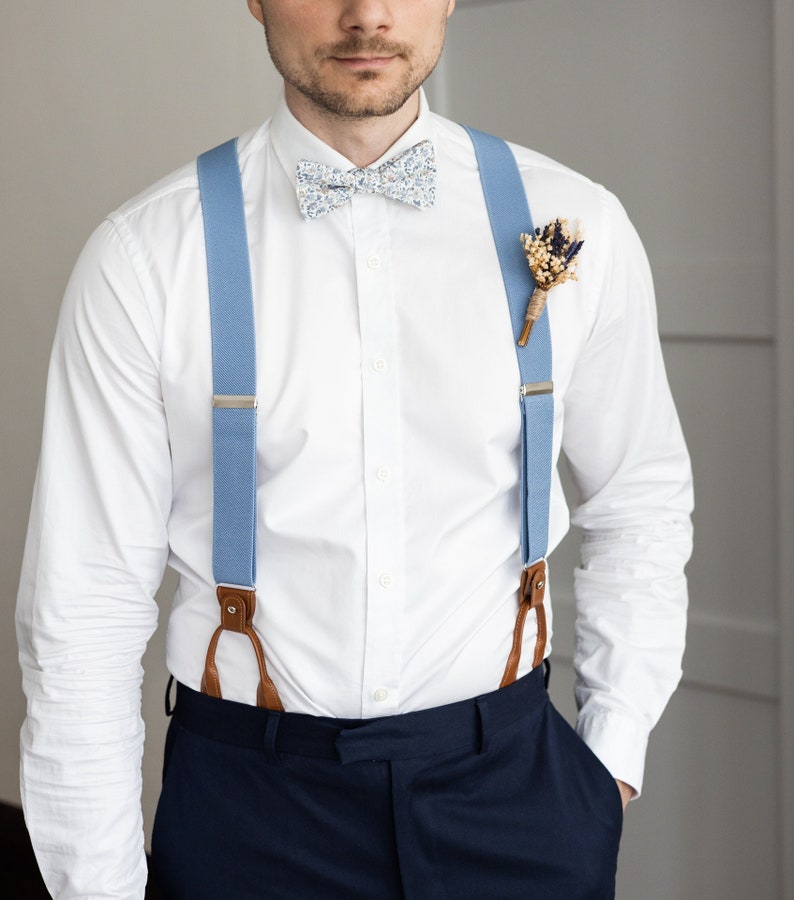 Light blue suspenders for men, Brown leather button tab suspenders, Wedding suspenders for groom groomsmen, clip on braces image 1